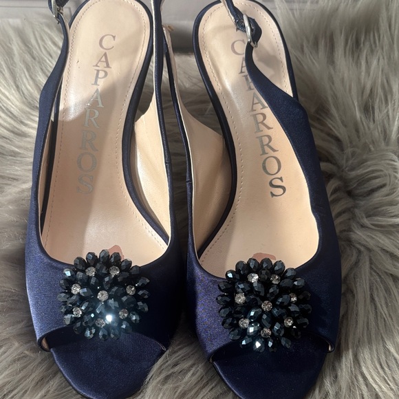 Caparros Navy Blue Satin Peep Toe Slingback Heels with Rhinestones Size 9 - Picture 2 of 11